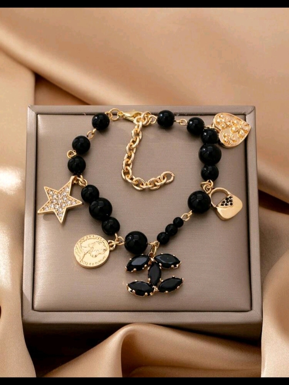 Fashion nspired Black Crystal Stud Earrings and Charm Bracelet Set - Picture 7 of 12